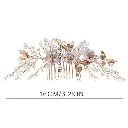 Flower Leaf Design Wedding Hair Comb, Metal Bridal Hair Accessory with Rhinestone, Wedding Prom Hair Clip Headpiece for Women (Gold Flower) - color: Gold Flower