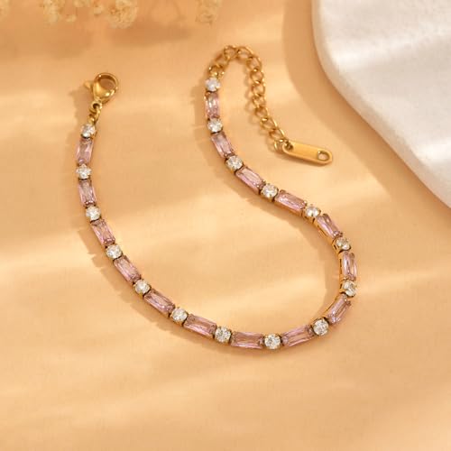 18K Gold Plated Multi-Color Classic Tennis Bracelet for Women Dainty Color 3mm Rainbow Cubic Zirconia Bracelet Adjustable CZ Gold Bracelets Trendy Summer Jewelry Gift - style: Pink-Gold
