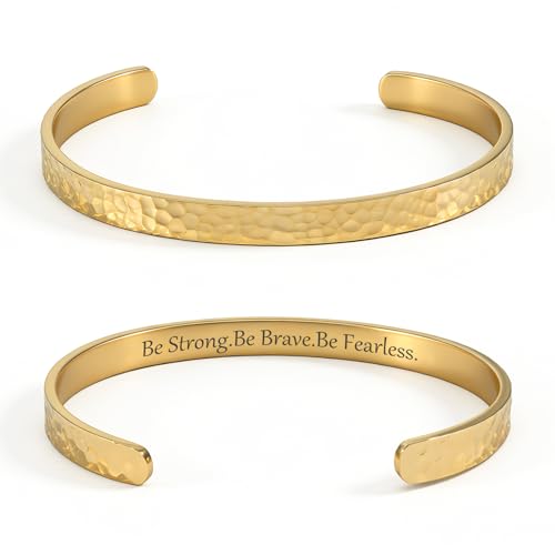Inspirational Bible Verse Cuff Bracelet for Women, 18K Gold Plated Hammered Bangle, Christian Faith Jewelry Gift, Adjustable Non Tarnish - color: Be strong Be brave Be fearless-Hammered Gold