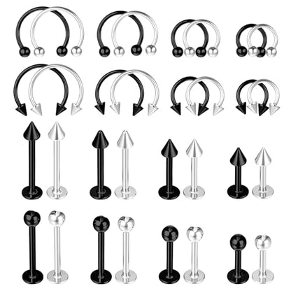 32Pcs Lip Rings for Women 16G Stainless Steel Horseshoe Labret Studs Monroe Lip Barbell Ring Snake Bite Piercing Jewelry Helix Earring Daith Tragus Cartilage Surgical Steel Jewelry - color: Black + Silver