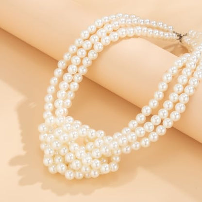 Knot Pearl Choker Necklace For Women 1920s Faux Pearl Bead Statement Necklace Adjustable Twisted Knot Charm Necklaces Jewelry Valentine Christmas Gift - color: White