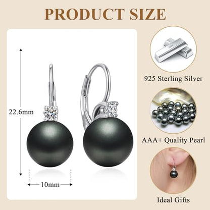 925 Sterling Silver Pearl Leverback Earrings for Women Cubic Zirconia Pearl Jewelry 10MM - color: A: Leverback-Black