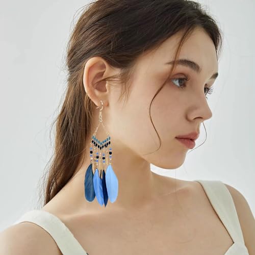 Faux Feather Fringe Tassel Long Dangle Earrings for Women | Bohemian Women Tassel Drop Jewelry - color: blue