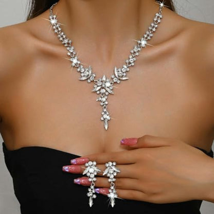 Wedding Jewelry Sets for Brides Rhinestone Necklace and Earring Set Bracelet Ring Gold Silver Prom Jewelry Sets Diamond Flower Teardrop Necklace for Women - color: Style5-Clear