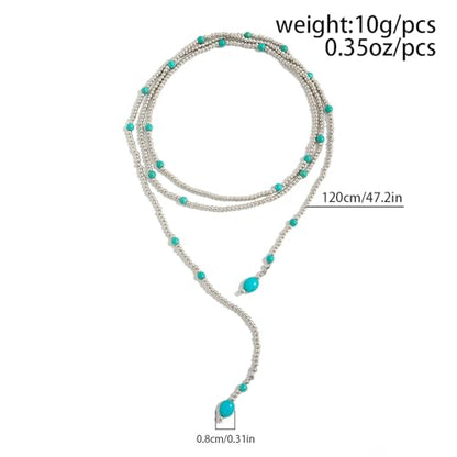 Long Wrap Necklaces for Women Dainty Layered Pearl Chain Necklace Turquoise Wrap Necklaces Long Lariat Necklace Statement Y-shaped Beaded Choker Trendy Costume Jewelry Accessories - color: Silver turquoise