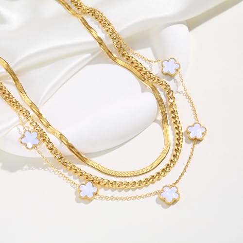 MPRAINBOW Gold Layered Necklace for Women - 3Pcs 18K Gold Plated Floral Necklaces, Stainless Steel Stackable Cuban Link Chain Non Tarnish Trendy Jewelry, Herringbone Chains Christmas Birthday Gifts - color: White