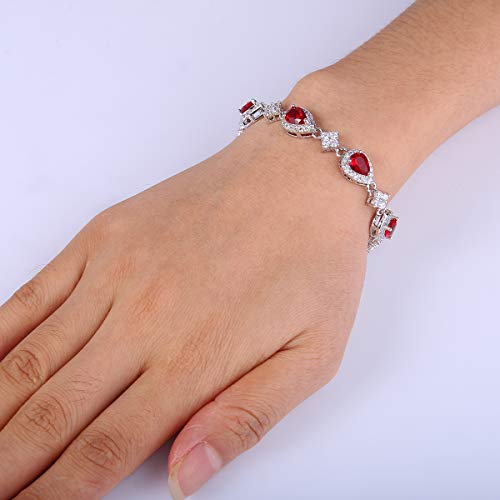 EleQueen Women's Silver-Tone Cubic Zirconia Teardrop Flower Bridal V-Necklace Sets Tennis Bracelet Dangle Earrings for Wedding Bridesmaids - color: Ruby Color