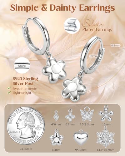 FIBO STEEL 14K Gold Plated Hoop Earrings with Charms for Women Huggie Hoops | Hypoallergenic 925 Sterling Silver Post Dangle Earrings Small Silver Gold Hoops Earring Cubic Zirconia Dangle Drop Jewelry - color: Flower - Silver Plated