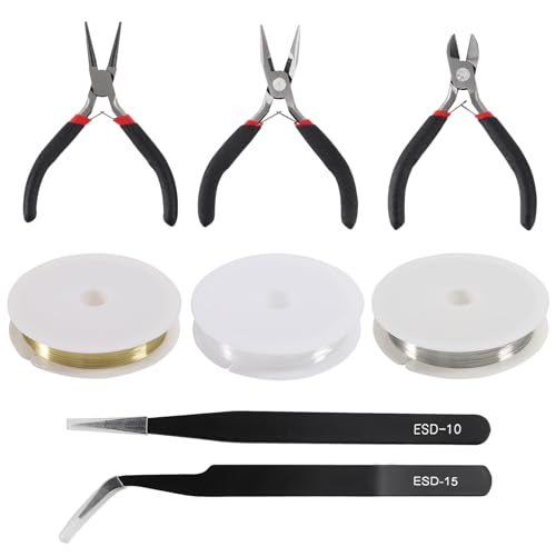 D-FLIFE 8pcs Jewelry Making Tools Kit for Jewelry Crafting and Jewelry Repair -3pcs Jewelry Pliers,2pcs Rolls of Copper Wire in Silver and Gold, 1pcs Clear Beading String Cord，2pcs Tweezers, - color: 8pcs