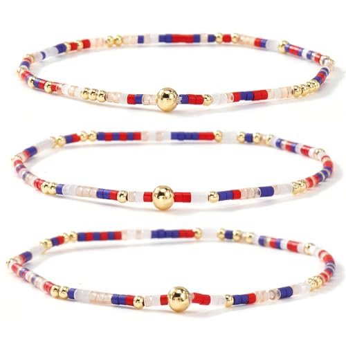 Colorful Gold Beaded Bracelets for Women Boho Tiny Gold Plated Ball Stretch Stackable Small Seed Beads Bracelet Stack Trendy Jewelry Set Dainty Vacation Friendship Christmas Gifts for Women - color: Red Blue