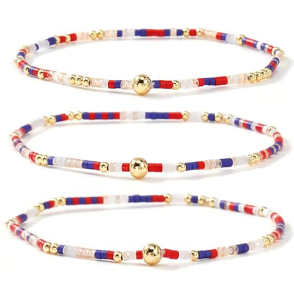 Colorful Gold Beaded Bracelets for Women Boho Tiny Gold Plated Ball Stretch Stackable Small Seed Beads Bracelet Stack Trendy Jewelry Set Dainty Vacation Friendship Christmas Gifts for Women - color: Red Blue
