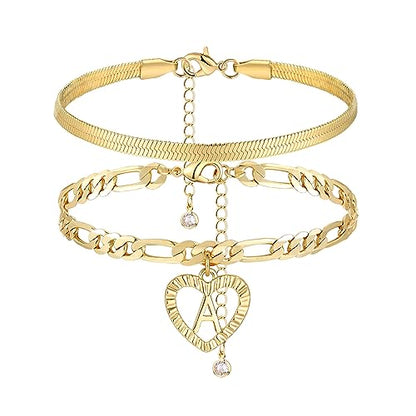 YANODA Gold Ankle Bracelets for Women Waterproof, 14k Gold Plated Layered Snake Anklets Figaro Chain Letter Initial Anklets Handmade Heart Ankle Bracelets Personalized for Women Beach Jewelry Gifts - color: A