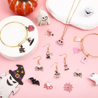40 Pcs/20 Pairs Pink Halloween Charms for Jewelry Making | Assorted Enamel Halloween Pendants, Pumpkin Ghost Skull Witch Charm, Bracelet Necklace Earring Crafting, DIY Gift Accessories - style: Pink Halloween