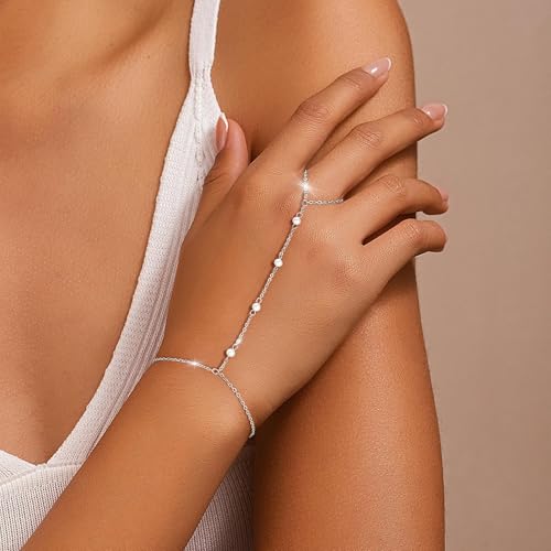 Eaciy 3PCS Gold Hand Chain Bracelets for Women, 18K Gold Plated Dainty Stackable Hand Chain Bracelet Ring Gold Bracelets for Women Trendy Gold Jewelry Set - color: 02-Silver-Pearl-Hand Chain
