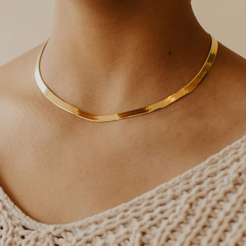 NECOCY 14K Gold Plated Necklaces for Women, Dainty Gold Herringbone Choker Necklace Thin Layered Snake Chain Jewelry for Gifts - color: 5MM 14"-GD Herringbone Necklace