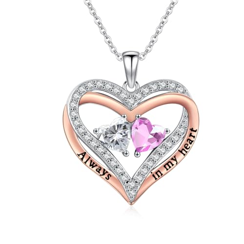 Heart Birthstone Necklace for Women 14K Rose Gold/White Gold Filled Overlapping Double Hearts Pendant Anniversary Valentine's Day Birthday Mother's Day Christmas Gifts for Wife Mom Daughter Her - color: 04-10-Apr-Oct Birthstone-A, style: Double-Layered Lo