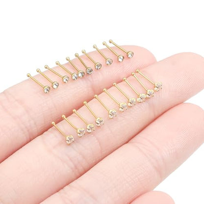 20Pcs Nose Rings Studs Surgical Steel L-Shape Nose Rings for Women 1.5mm 2mm Cubic Zirconia Nose Screw Studs Hypoallergenic Nose Piercings Jewelry 24g 22g 20g 18g - color: straight,goldtone, size: 24g,2mm CZ