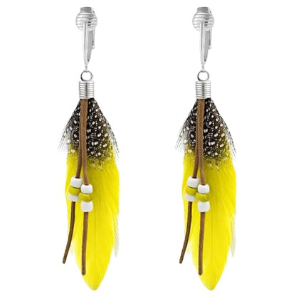 Aloha Earrings-Clip On Real Feather Earrings-Dangle Clip On Earrings Tassel Long Clip Earrings Bohemian - color: Yellow Feathers