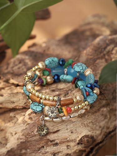 MINACHI Summer Boho Retro Style Multilayer Wrap Irregular Beads with Golden Flower Charm Bracelets, Blue Tone, Ethnic Jewelry for Women - style: Bracelet R17-015