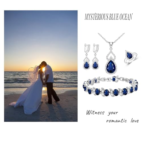 LMXXVJ Women Jewelry Set Platinum Plated Necklace Open Ring Earrings Bracelet Set,Birthday/Anniversary Mother’s Day Jewelry Gifts for Mom/Wife/Sister/Best Friend - color: blue
