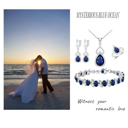 LMXXVJ Women Jewelry Set Platinum Plated Necklace Open Ring Earrings Bracelet Set,Birthday/Anniversary Mother’s Day Jewelry Gifts for Mom/Wife/Sister/Best Friend - color: blue