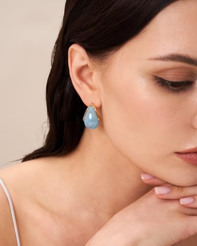 SNGIA Oval C Shape Chunky Dangle 18K Gold Plated Hoops with Colored Resin Gemstone Statement Earrings for Women by SNGIA, (Green, Brown, Blue, Pink, White, Cream), Long Bold Drop Handmade Exaggerated Irregular Trendy Bohemian Jewelry Gifts, Unique Danglin