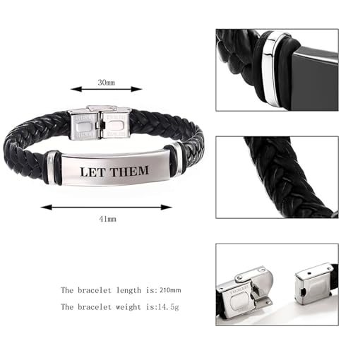 Let Them Infinity Leather Bracelet, Self Worth Motivation Bracelet Stainless Steel Black Braided Leather Bangle Bracelets Handmade Engraved Inspirational Friendship Jewelry Gift for Men - style: Silver