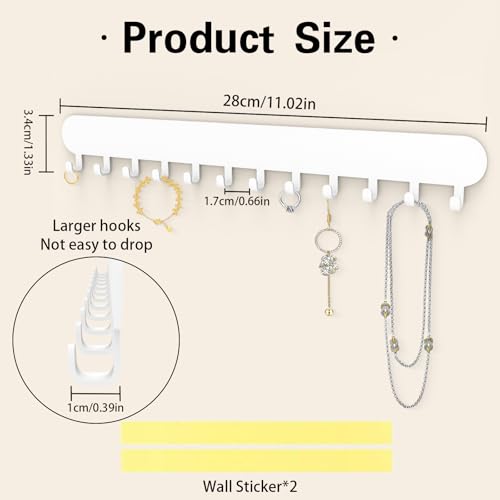 Necklace Holder - Wall Hanging Jewelry Organizer | Self-Adhesive Wall Mounted for Necklaces, Bracelets, 2 Pack, White - color: White-12 Hooks