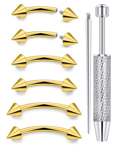 Internally Threaded Eyebrow Piercing Jewelry Surgical Steel Tiny Eyebrow Rings Vertical Labret Lip Jewelry Small Ear Rook Earring for Women Men 18g 16g 14g Plus Piercing Ball Grabber Tool - color: goldtone, size: 14g,spike end