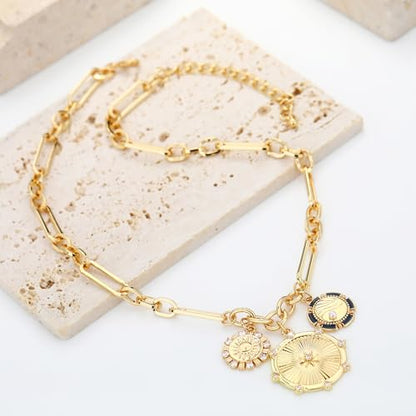Chunky Gold Necklace for Women, 18K Waterproof Heart Necklace Statement Necklace Gold Charm Necklace Chunky Jewelry Paperclip Chain Choker Gift for Women - style: Three Coin