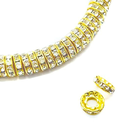100pcs Large Hole Rhinestone Spacer Beads 10mm Gold Plated Czech Crystal Rhinestone for DIY Jewelry Making Charms Bracelet (Gold) - color: Gold