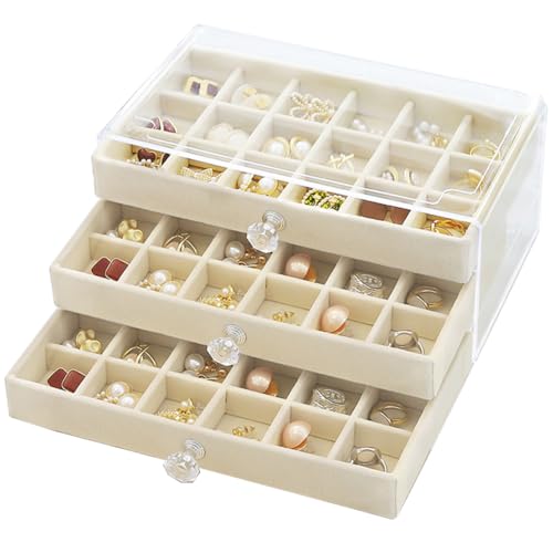 SPAKOWN Earring Box Holder Organizer Display Case, Clear Velvet Jewelry Storage Tray Organizer for Earring Ring Stud (Beige - 3 Drawers) - color: Beige, size: 3 Drawers