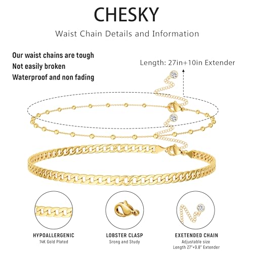 CHESKY Waist Beads for Women, 14k Gold Plated Waist Chain Gold Chain Belt for Womens Simple Body Chain Jewelry Belly Chain Beach Accessories Dainty Gold Jewelry for Women Gifts Rave Outfits for Womens - style: Cuban-Bead