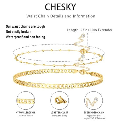 CHESKY Waist Beads for Women, 14k Gold Plated Waist Chain Gold Chain Belt for Womens Simple Body Chain Jewelry Belly Chain Beach Accessories Dainty Gold Jewelry for Women Gifts Rave Outfits for Womens - style: Cuban-Bead