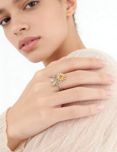 Anxiety Rings for Women – Adjustable Flower Spinner Ring, Daisy & Sunflower Fidget Ring, Gold Plated Calming Jewelry - style: Style 04