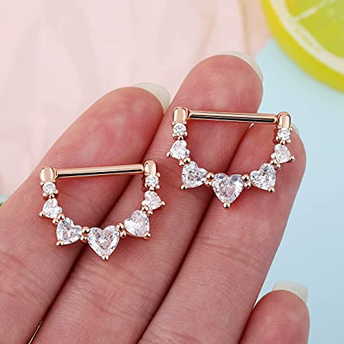 Melighting 2pcs 14G Nipple Rings Surgial Steel 316L Piercing Jewelry Shiny Heart Clear CZ Nipple Bars Rose Gold 14mm - color: rose gold