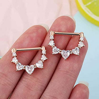 Melighting 2pcs 14G Nipple Rings Surgial Steel 316L Piercing Jewelry Shiny Heart Clear CZ Nipple Bars Rose Gold 14mm - color: rose gold
