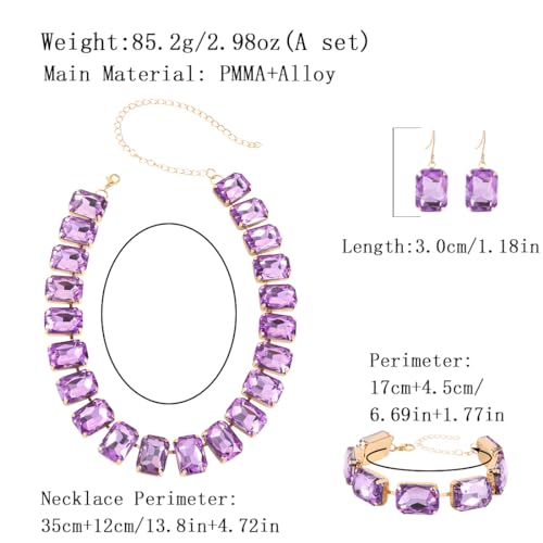 KOSMOS-LI Rectangle Faux Crystal Jewelry Sets Includ Necklace Bracelet Earrings For Women Stocking Stuffers - color: purple