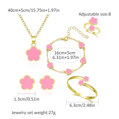 Clover Jewelry Set for Women Non Tarnish Gold-Tone Five Leaf Clover Necklace, Earrings, Ring, Bracelet Fashion Simple Floral Jewelry Set - color: Pink