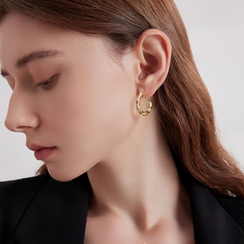 14k Gold Plated Hoop Earrings for Women, 925 Sterling Silver Posts Thick Twist Hypoallergenic Chunky Large Earrings 20mm 30mm 40mm 50mm - color: Yellow Gold, size: 50mm