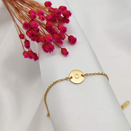 Ovian Initial Charm Bracelet for Women 18K Gold Plated stainless steel Coin Disc Engraved Letter Bracelet Personalized Monogram Name Bracelet - color: O