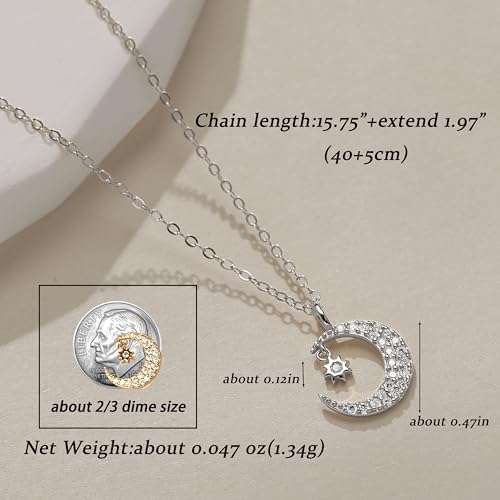 925 Sterling Silver Dainty Crescent Moon Necklace for Women | 14K Gold Plated White Cubic Zirconia Moon and Star Pendant Choker Necklace to Daughter Mother Trendy Wedding Jewelry Gifts - color: Silver
