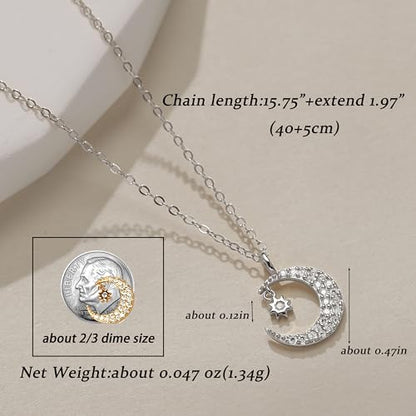925 Sterling Silver Dainty Crescent Moon Necklace for Women | 14K Gold Plated White Cubic Zirconia Moon and Star Pendant Choker Necklace to Daughter Mother Trendy Wedding Jewelry Gifts - color: Silver