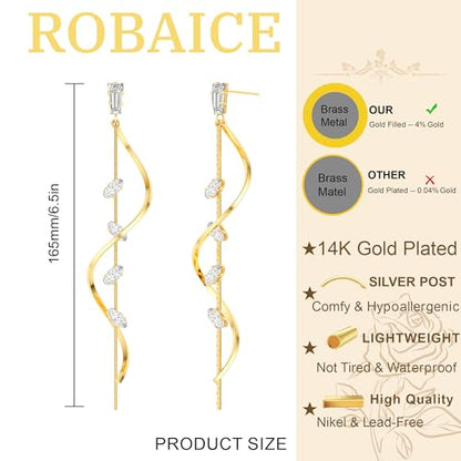 Robaice Long Gold Dangle Earrings for Women, 14K Plated Tassel Earring | Gold Chain Dangling Earrings, Trendy Drop Prom Earring, Lightweight Statement Party Jewelry, Gift for Women - style: C-dangle twist drop，CZ