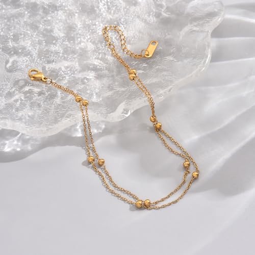 18K Gold Plated Boho Beaded Anklets for Women Dainty Gold Layered Round Ball Ankle Bracelet Pearl Cross Anklet Bracelet Waterproof Gold Jewelry - color: 2Layered Beads-Gold