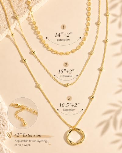 3 Pcs 14K Gold Plated Layered Gold Necklaces Stack for Women Pendant Set | Stackable Layering Design,Lightweight Fit,Tarnish-Resistant Finish,Adjustable Size,Less Tangling,Pretty Gift Jewelry - color: Gold Circle