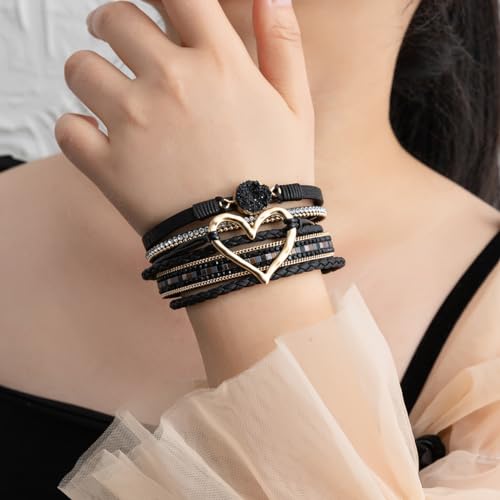 Rantanto Leather Wrap Bracelets For Women Gold Twist Lock Buckle Wrist Cuff | PU leather,Skin-friendly,Boho Stackable Wristband,Fashion Daily Jewelry,Trend Casual Party Bangle,Fit For Birthday, Holiday - color: Heart Black