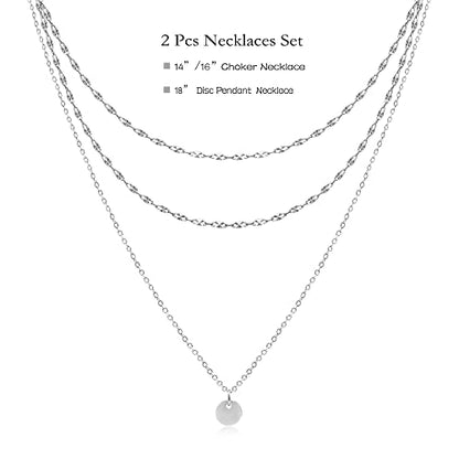 Aisansty Dainty Layered Choker Necklaces Handmade Coin Tube Star Pearl Pendant Multilayer Adjustable Layering Chain Gold Plated Necklaces Set for Women - color: Silver, style: Silver Bar Chain&Coin