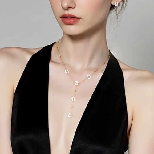 Lariat Gold Necklace for Women, Dainty Long Necklace Y-Shaped Layered Beaded Chain Drop 14k Gold Plated/Silver Necklaces Trendy CZ Diomand Simple Jewelry for Women Gift - color: Gold-Daisy