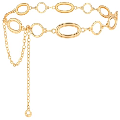 SUOSDEY Gold Silver Waist Chain Belt for Women,Fashion Metal Adjustable Chain Belts for Dresses - color: 13-gold(oval & Round), size: Fit for Waist up to 44 inches